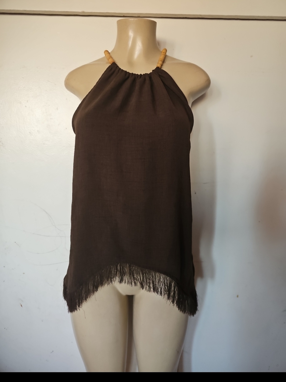 Zara Brown Halter Fringe Camisole with Beaded Neck